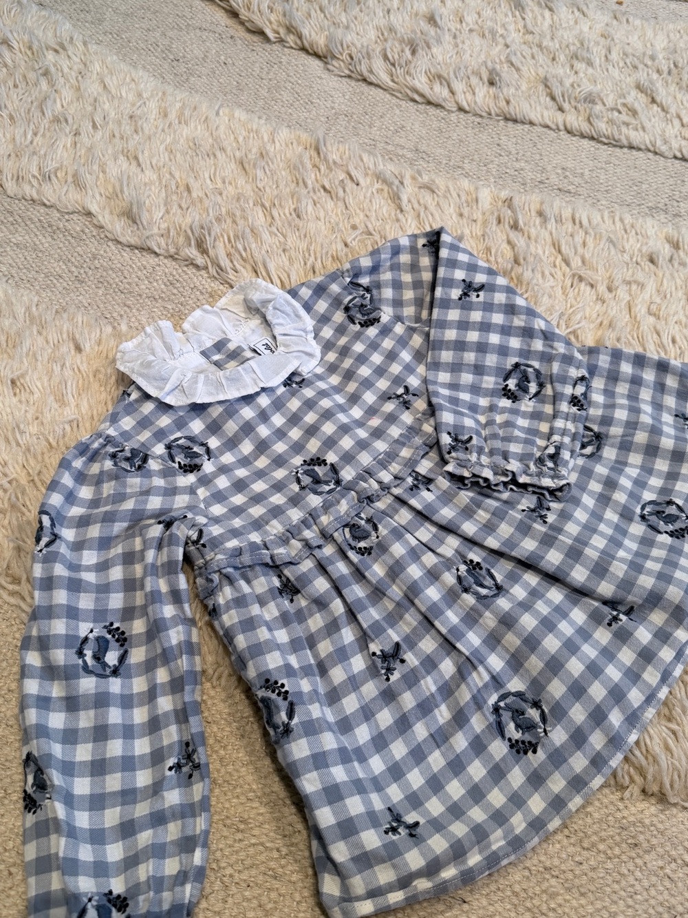 Tartine et Chocolat Blue and White Gingham Ruffle Neck Blouse